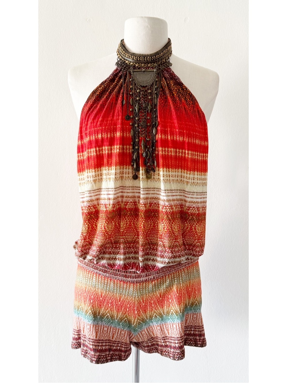 Vintage 2010s SKY Brand Boho Orange Print Halter Romper Size Small (S)